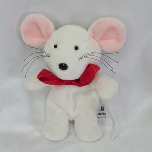 Vintage White Mouse Plush Red Bow Cord Tail Long Whiskers 1990s 6"